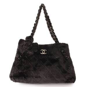 Chanel Coco Mark Camellia Chain Strap Fur Tote Bag Black